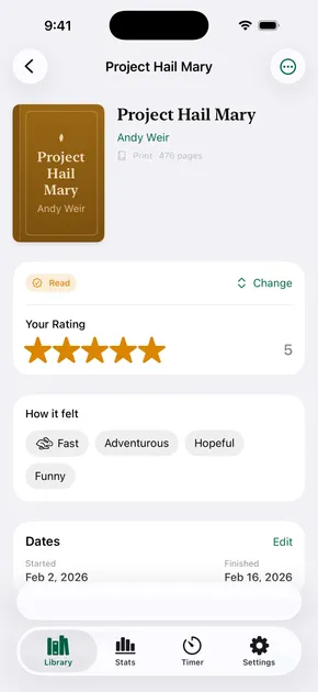 A reading journal entry on iPhone: a rating, review, dates, and saved quotes for one book.