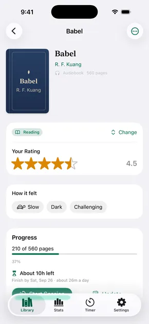 A reading journal entry on iPhone: a half-star rating, how the book felt, and progress with a finish date.