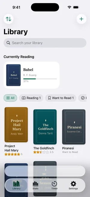The Endleaf library on iPhone: a shelf of books with half-star ratings and a currently-reading card.