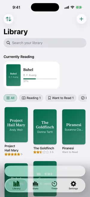 The Endleaf library on iPhone: a shelf of books with half-star ratings and a currently-reading card.