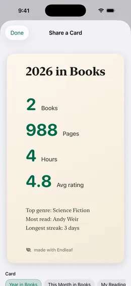 A shareable year-in-books card with books, pages, hours, and average rating.