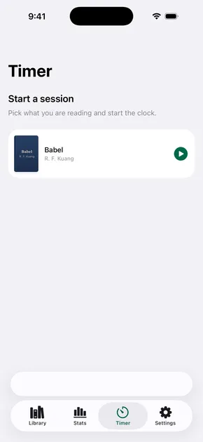 The Endleaf reading timer on iPhone, free with unlimited books, an alternative to Bookly's gated timer.